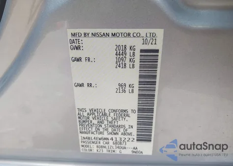 2021 Nissan Altima Sl Intelligent Awd из США, поврежденный, VIN 1N4BL4EW6MN413222